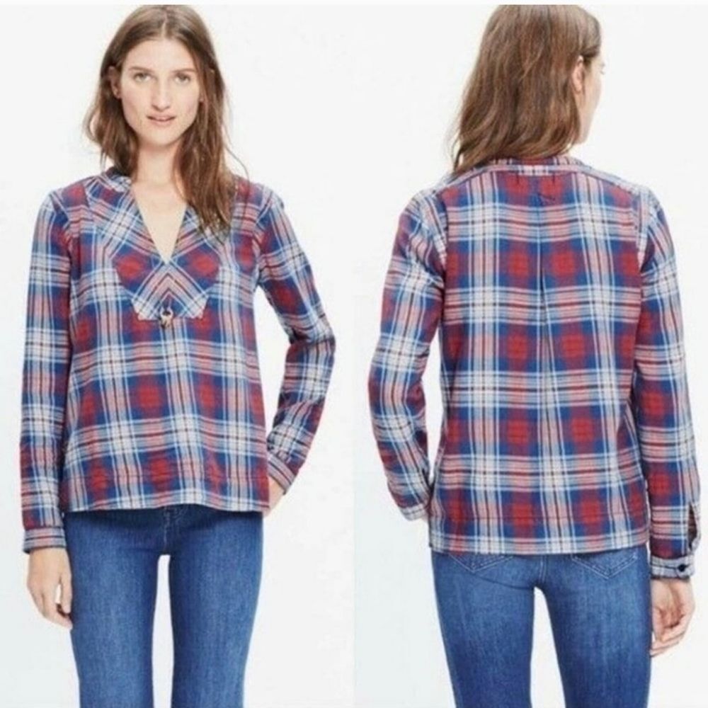 Madewell Red Blue Plaid Indigo Dyed Long Sleeve Popover Blouse Women’s Medium